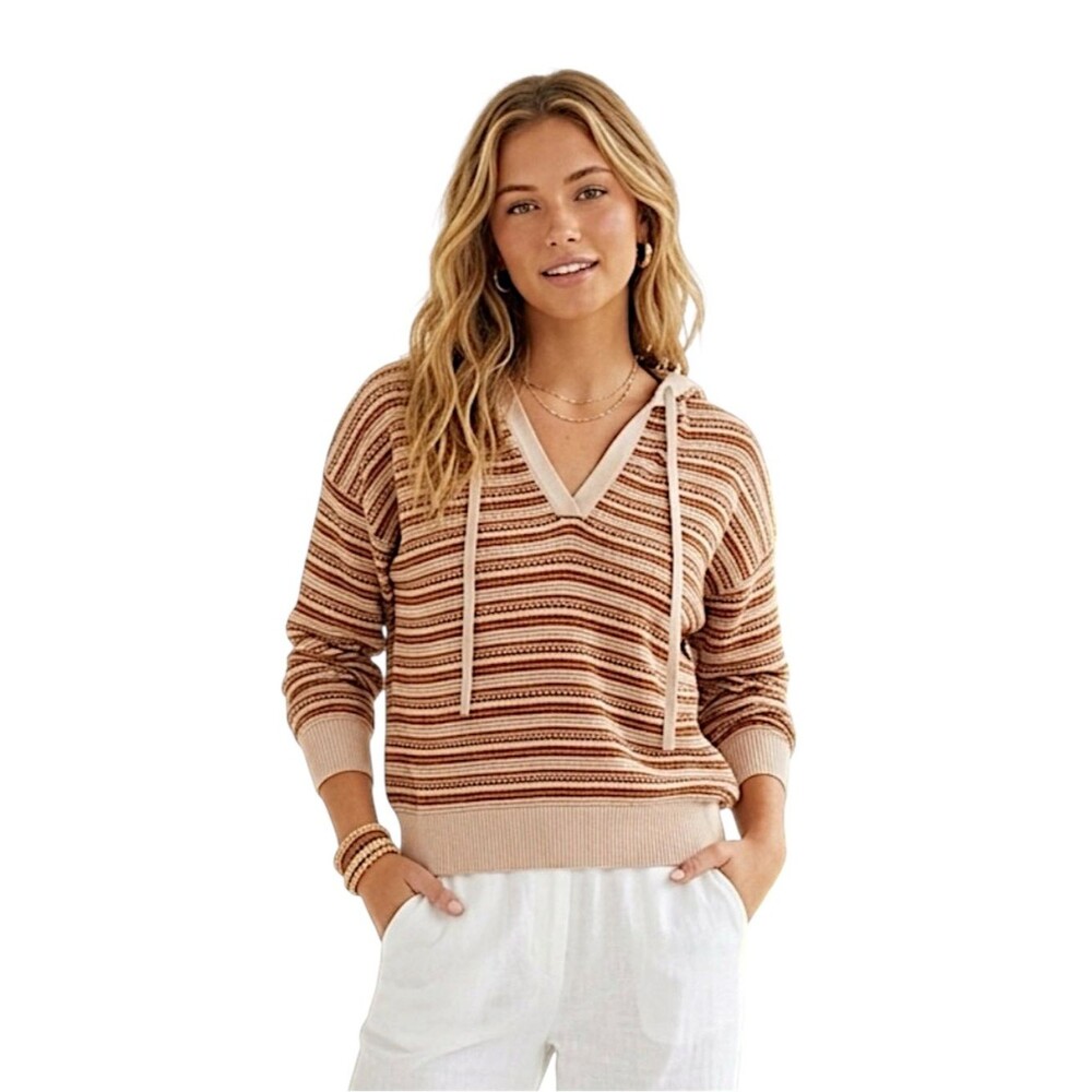 Hem & Thread Caramel Striped Lightweight Hooded Sweater NWT Size Large